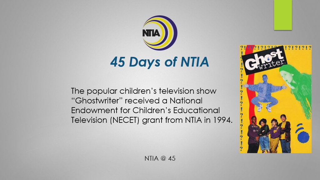 NTIAgov's tweet photo. Did You Know?: The show “Ghostwriter” (1992-1995), a popular children's mystery TV show designed to teach reading and writing skills to schoolchildren, received a grant from NTIA. #45DaysofNTIA https://t.co/muzwPIUc71