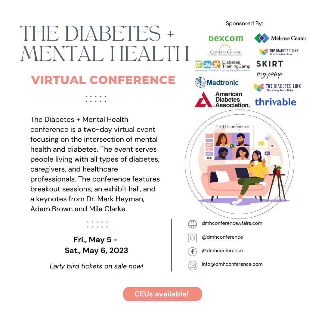 Your mental health matters.
Check out this virtual event! The Diabetes + Mental Health Conference is focused on diabetes management and mental health. Tune into a panel with Beyond Type 1's <a href="/TaraTalksFood/">T’ara Talks Food</a>!

🗓️ Friday, May 5 - Saturday, May 6

Learn more:
dmhconference.vfairs.com