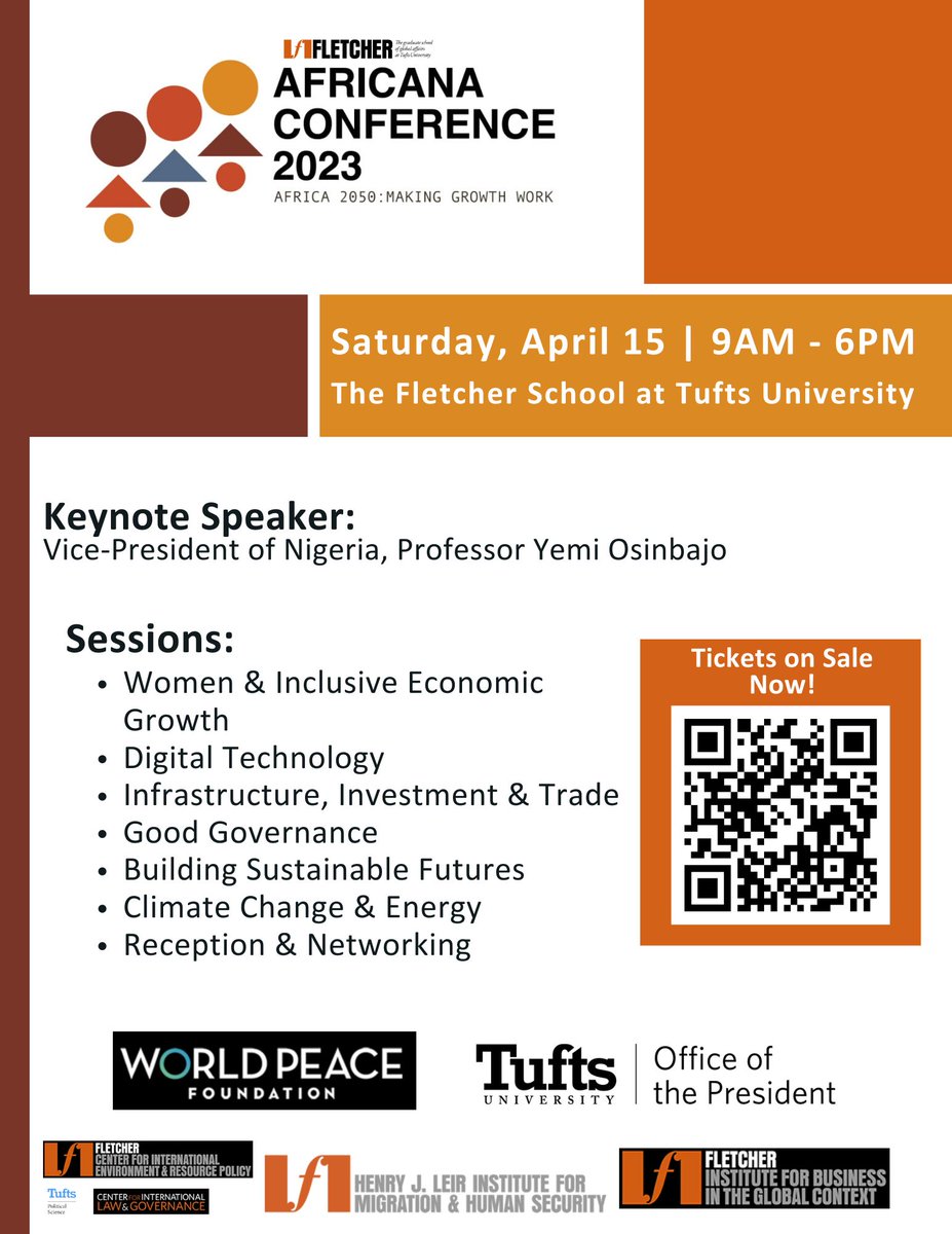 I invite you all to The @FletcherSchool #AfricanaConference2023. This is a student-led & organised conference that'll feature speakers like: @ProfOsinbajo @AmbMKimani, @KenyaMissionUN @jane_munga @flexyonyfm @lodarno +@TuftsUniversity Ghanaian drummers, Kiniwe, led by Prof. Poku.