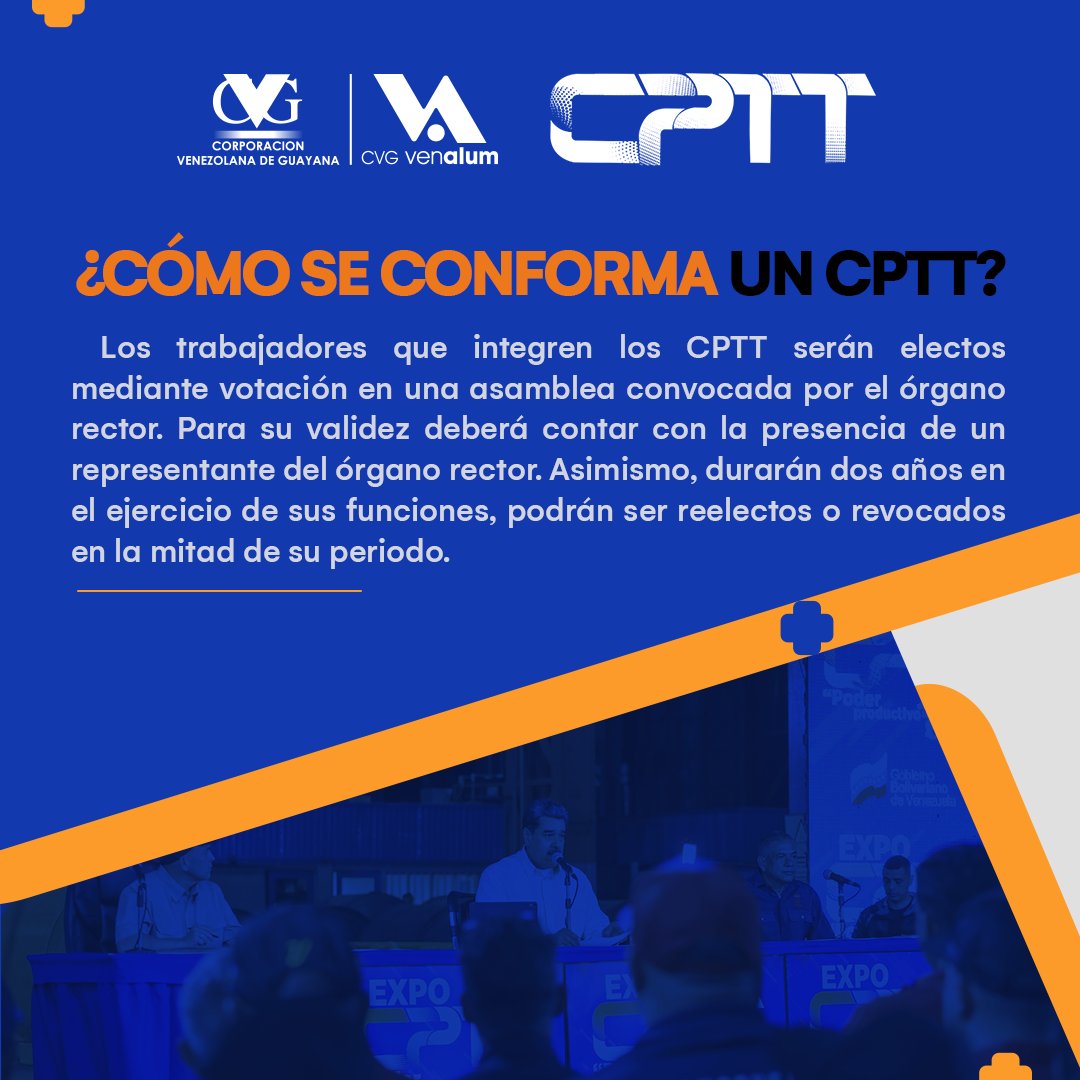 VENALUM_CVG's tweet photo. #SabíasQué || Quienes conformen el Consejo Productivo de Trabajadores y Trabajadoras tienen que ser electos en una asamblea, tras la convocatoria del órgano rector de los CPTT.
@NicolasMaduro 
@HAbreuMRT
#CVGTrabajamosParaTi https://t.co/1nMJYJkEl6