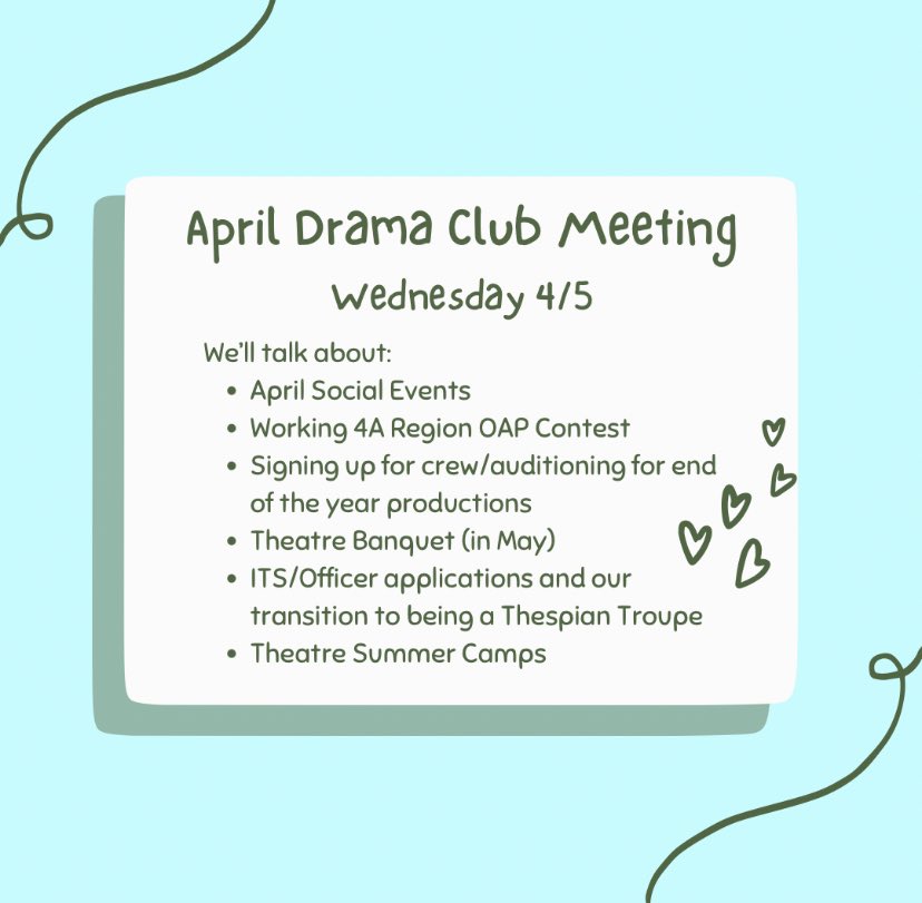 Hey y’all!! Today we have our APRIL DRAMA CLUB MEETING!! We have a lot to talk about this meeting so make sure you’re there TODAY @ 3:05 in the PAC!! See you there 🎭