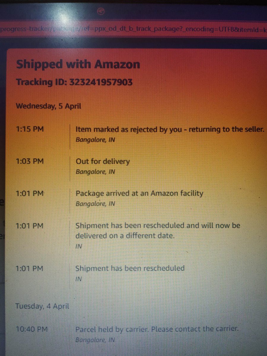 vandana910's tweet photo. @amazonIN @manish_tiwary   #AmazonIndia

1. Order was to reach me on 2nd April...calling amazon since last 3 days. Every morning I'm promised it'll be delivered today; every night I'm promised it'll be delivered tomorrow. https://t.co/R92c27s3AQ