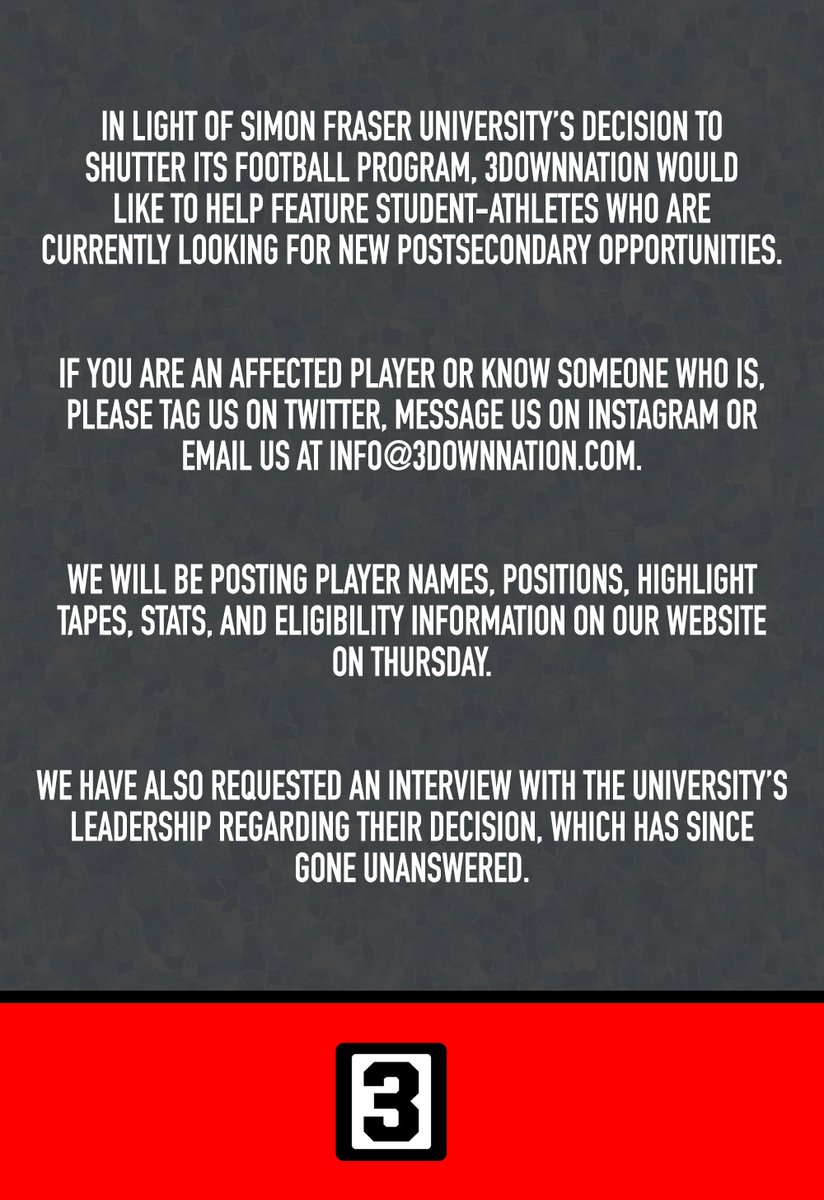 3DownNation's tweet photo. Internet, do your thing. Let's help these student-athletes find new homes.

#SFU #SimonFraser #BC #NCAA #USports https://t.co/Kd2dccELAG