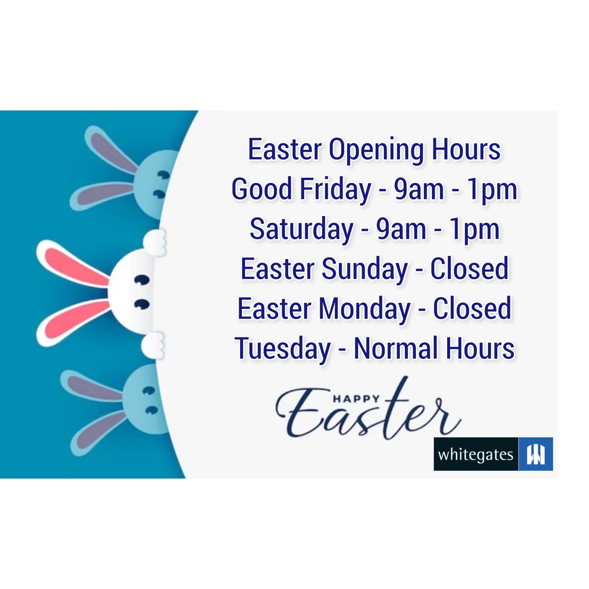 Easter Opening Times.

#Whitegates #Dewsbury #Property #No1Agent