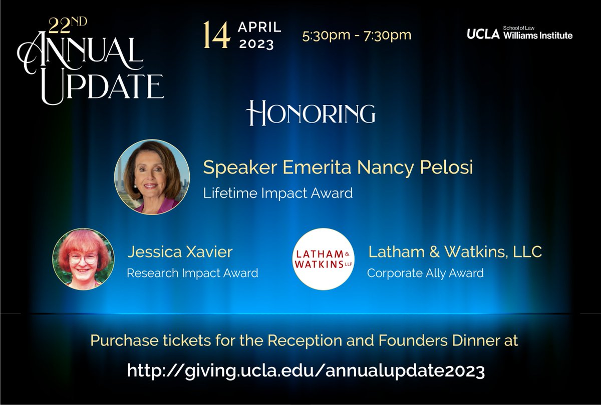 We are honored to present @SpeakerPelosi with our Lifetime Impact Award for her 30+ years of leadership working for LGBTQ+ equality at our Annual Update on April 14. RSVP to join us in Los Angeles! giving.ucla.edu/annualupdate20…