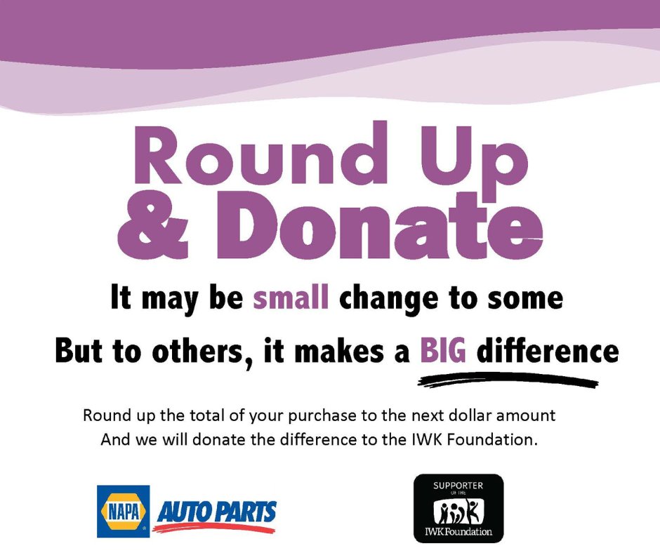 Napa Auto Parts stores across Nova Scotia are asking customers to round up to the nearest dollar at the cash in support of the IWK. Visit your local Napa Auto from now, through to May 31 to help support women and pediatric care close to home! Thank you @NAPAautopartsCA !