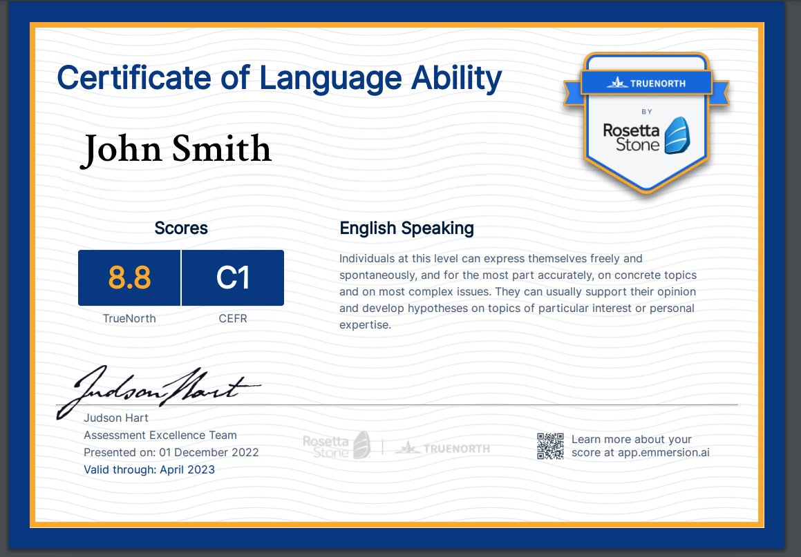 Certify your language skills in under 15 minutes with immediate results and an official language certification for your resume, LinkedIn profile, or college application.

What opportunities will you unlock with a TrueNorth assessment? Find out today!

emmersion.ai/language-certi…