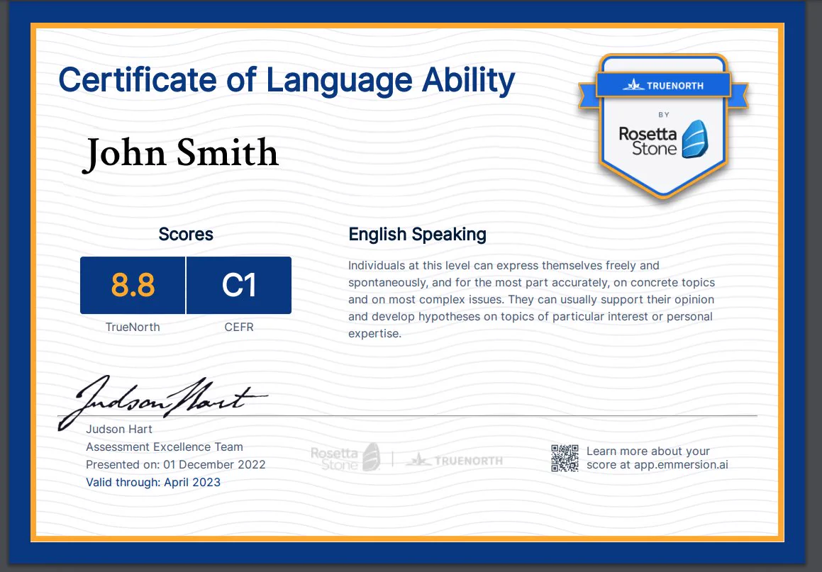 TrueNorth certificate of language ability shows CEFR score, TrueNorth score, and description of skills backed by Rosetta Stone.