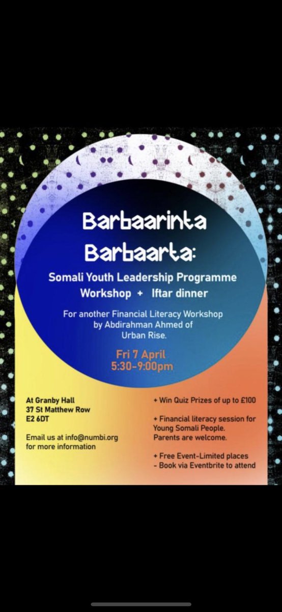 ‼️ ‼️Somali Youth Workshop - Financial Literacy ‼️‼️

We have another workshop this Friday 7th of April at 5:30 - 9

Iftar will be provided 👍🏽

£100 cash prize too 💰💰💰

Link to sign up eventbrite.com/e/605066659667