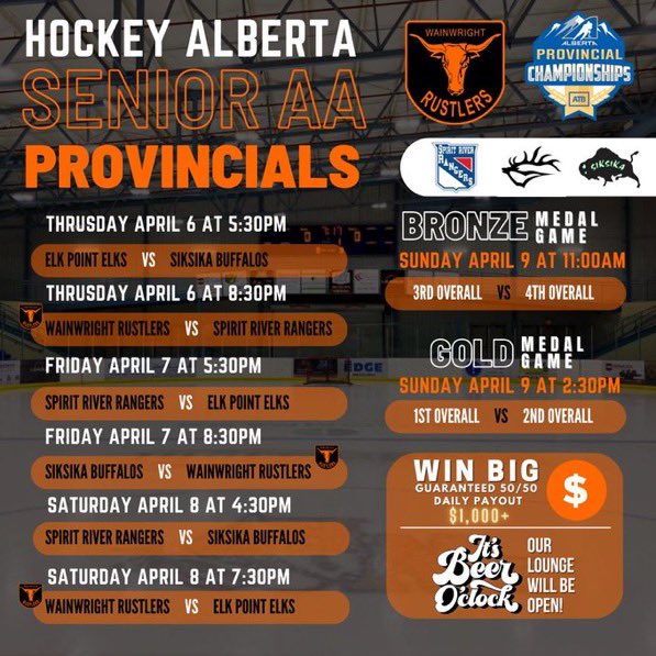 Wishing the best of luck to the <a href="/WWRustlers/">Wainwright Rustlers</a> &amp; <a href="/EP_Elks/">Elk Point Elks</a> who are both representing the #SAHL at Alberta AA Provincials starting tomorrow in Wainwright, AB. 

Give the fans a show, fellas!!