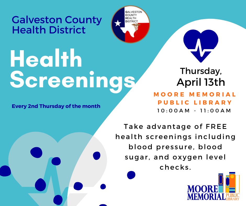 MoorePublic's tweet photo. Get free health screenings from @GCHDinfo! The Galveston County Health District will be at the library performing blood pressure, blood sugar, and oxygen level checks for anyone at the library. 📅This Thursday, April 13th at 10:00 AM. No registration required. https://t.co/gc360pKLMx