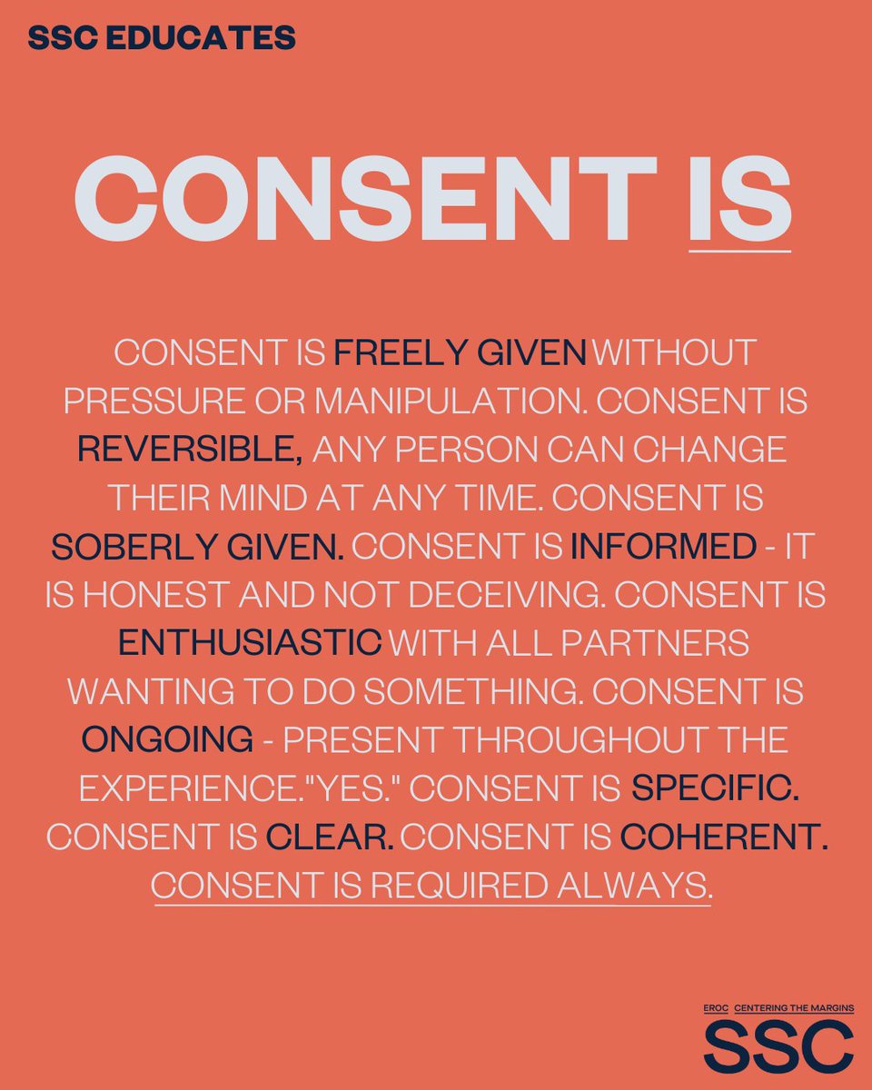 EndRapeOnCampus's tweet photo. 🧵Today, our Student Survivor Caucus Education Group is sharing information on consent. Swipe through these slides to learn what consent is- and is not. As always, thank you to our Year 2 SSC Reps for compiling this information and creating these graphics! https://t.co/5ZmEg77IjF