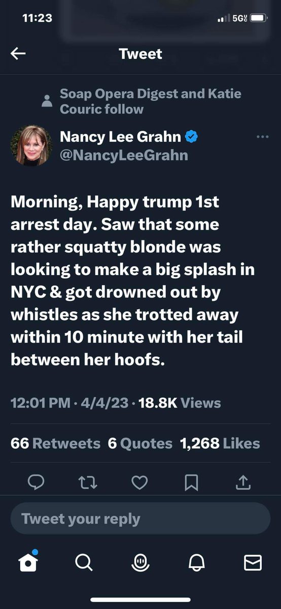 Christy_Love007's tweet photo. This woman is an actress on General Hospital. President  Trump has prime real estate in her head. Everyday she posts evil hateful posts, mostly Trump, but she says the most sick stuff about all Republicans, Conservatives, and Moderates
#fireNancyLeeGrahn https://t.co/wDIqH8MNN1