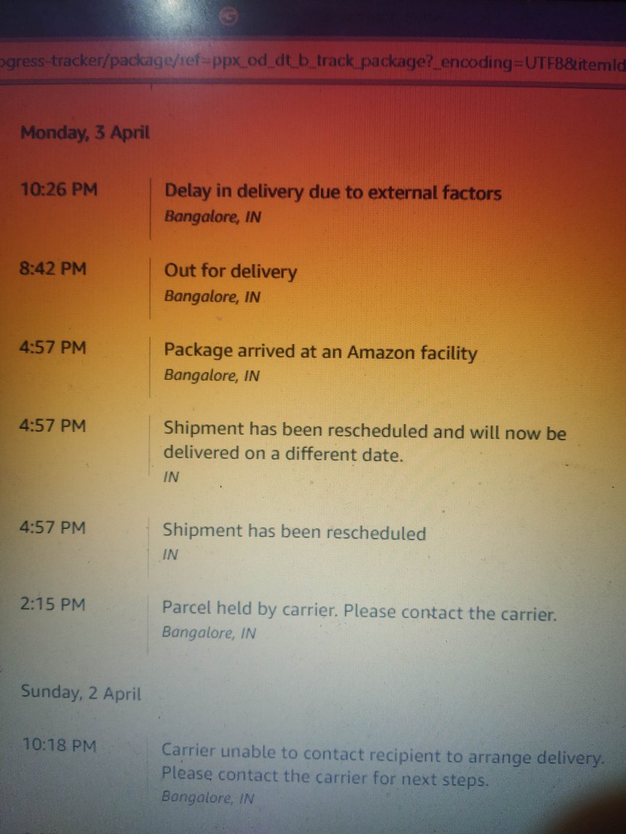 vandana910's tweet photo. @amazonIN @manish_tiwary   #AmazonIndia 

4. No one in Amazon has any idea who the delivery agent is. Finally a good agent, at the risk of losing her job, told me that they've been having a lot of these issues in bangalore and hyderabad and nothing can be done till monday. https://t.co/P5tfjtmYg8