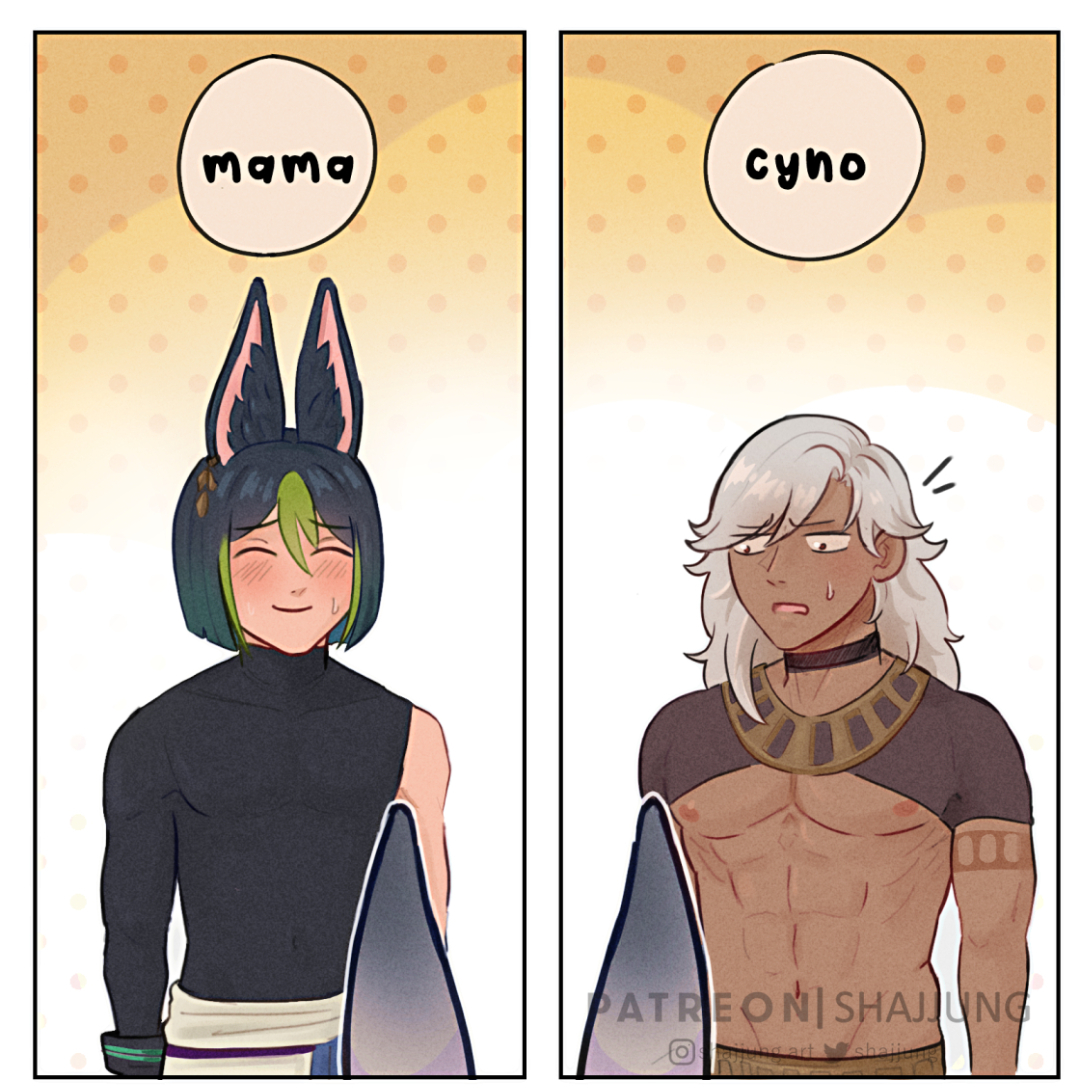 Shajjung's tweet photo. Family AU - Mama and Cyno (1/2)

#cynonari baby unlocked, our lil Halim ✨ https://t.co/Pt94PcvLTf