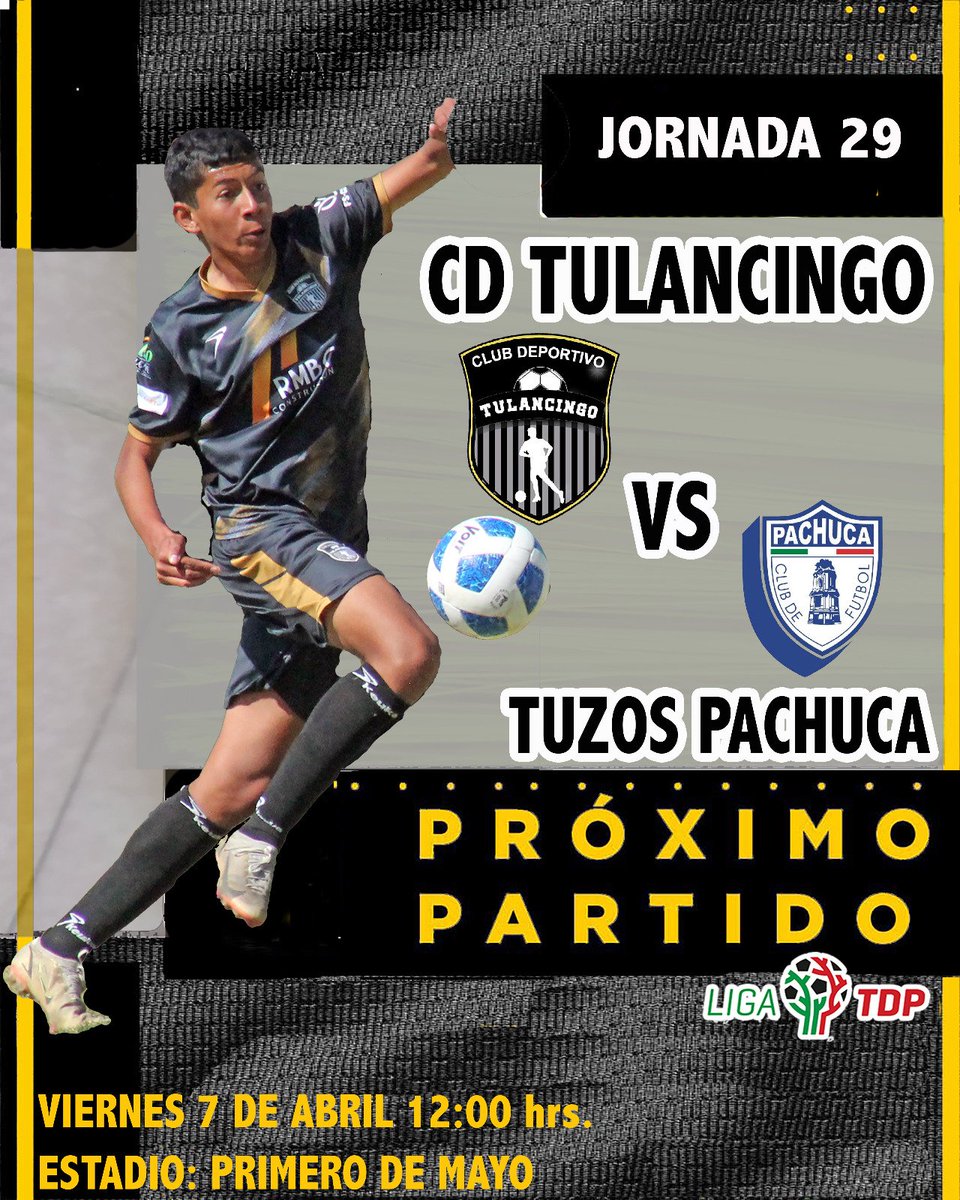 🏴🏳️
VAMOS CON TODO DE LOCAL POR UN TRIUNFO en la J29 en la <a href="/LigaTDP/">Liga TDP</a> 

<a href="/cd_tulancingo/">CD Tulancingo</a> vs #TuzosPachuca3ra

VIERNES 7 DE ABRIL
12:00 HORAS
ESTADIO: PRIMERO DE MAYO 
JORNADA: 29
TRANSMISIÓN: FACEBOOKLIVE

#ereseljugador#12
#yoamocdtulancingo
#PasiónCDT 
#yocondeportivotulancingo