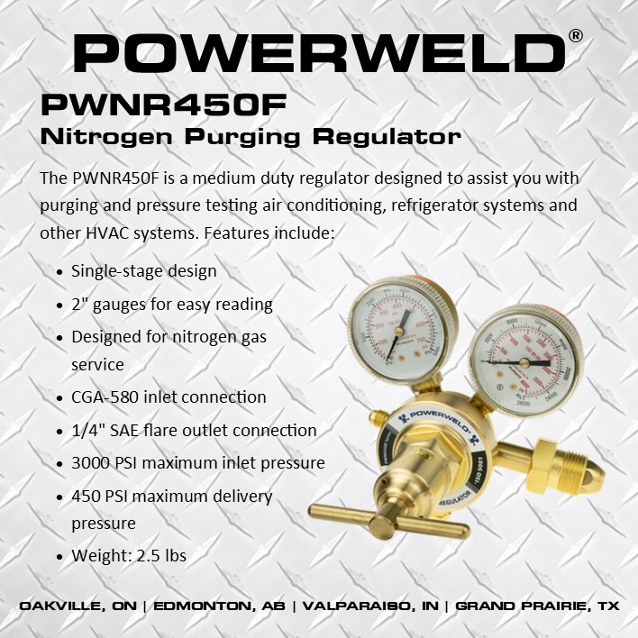 TechniweldCorp's tweet photo. The PowerWeld nitrogen purging regulator is a great complement to HVAC repair and pressure testing systems, providing 450 PSI delivery pressure and a 1/4" SAE flare outlet fitting for nitrogen purging hose. https://t.co/pbFwp1qI9b