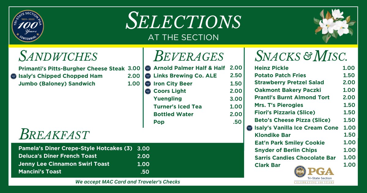 Classic Pittsburgh Foods, a tradition unlike any other.😳😬 You have $🔟! 

What are you buying from our TSPGA Centennial Concession Stand?

It's Masters Week, but it's also our Centennial Golf Season all year.⛳️💯 Let's Celebrate and Chow Down. 

<a href="/PGA/">PGA of America</a> #pittsburghfood