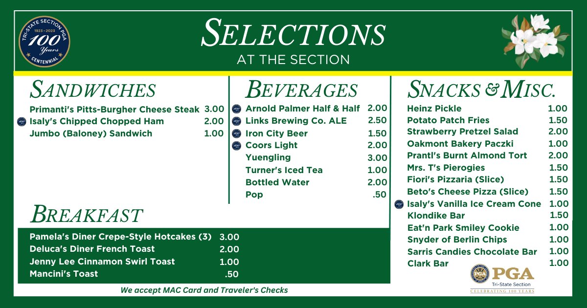 Classic Pittsburgh Foods, a tradition unlike any other.😳😬 You have $🔟! 

What are you buying from our TSPGA Centennial Concession Stand?

It's Masters Week, but it's also our Centennial Golf Season all year.⛳️💯 Let's Celebrate and Chow Down. 

@PGA #pittsburghfood