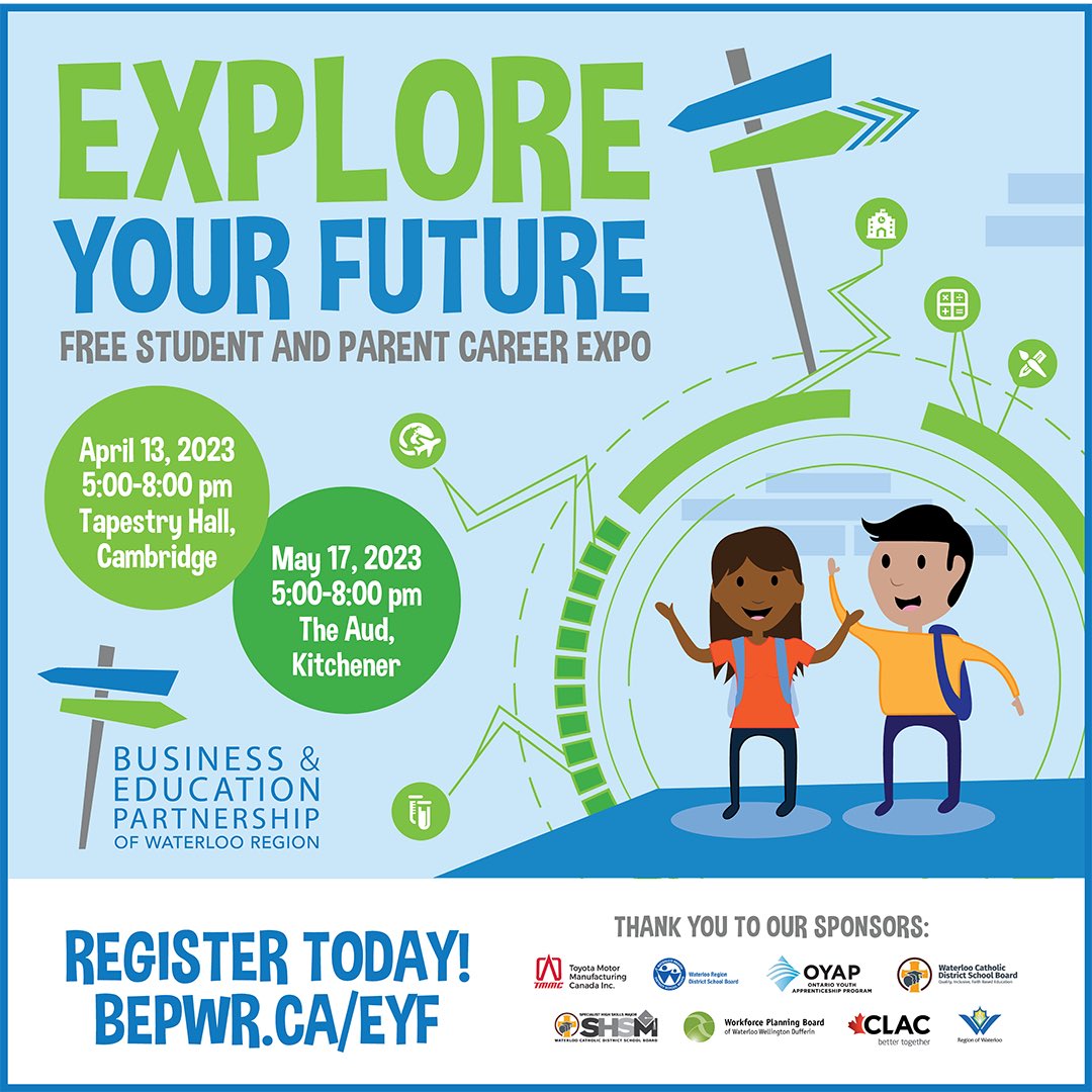📢Coming up next week (April 13): Explore Your Future, Cambridge. Register for this FREE event for the chance to win a prize! BEPWR.ca/EYF @WCDSBNewswire @StBenedictCSS @MonDoyleCSS #yourpath #yourchoice #yourfuture