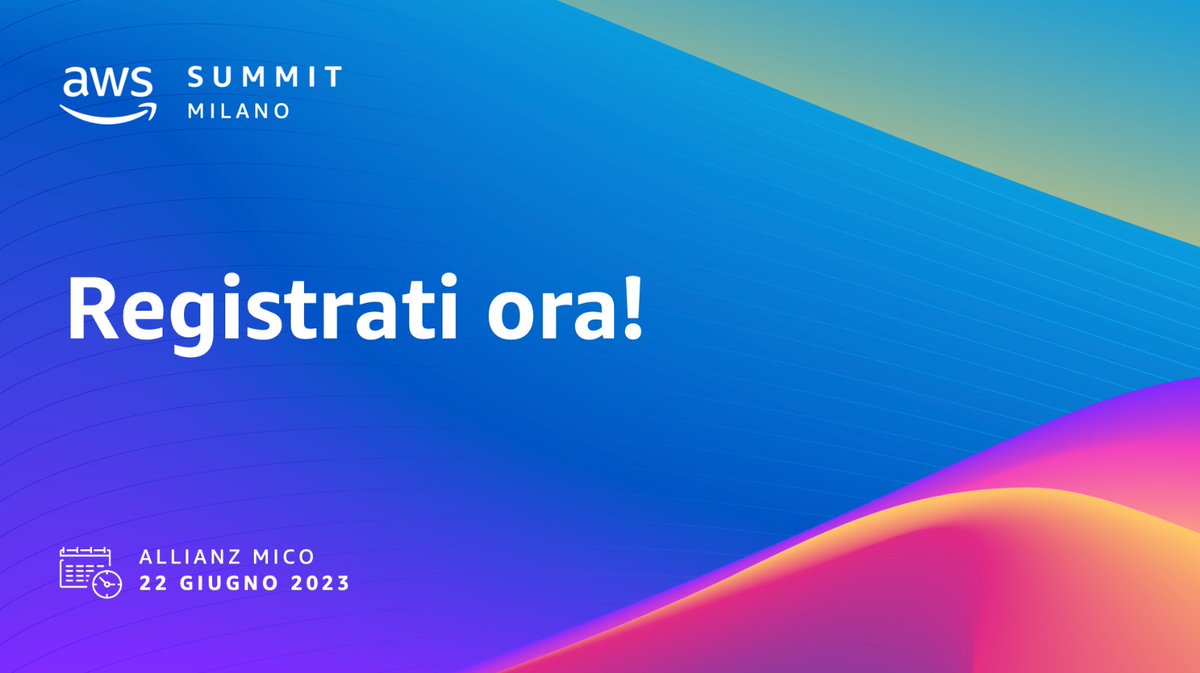 📣 #AWSSummit Milano 🇮🇹 Registrazioni aperte!

Il principale evento annuale dedicato ai servizi cloud di AWS, torna il 22 giugno e ti offre l’opportunità di partecipare a una giornata di sessioni tecniche e di business! 👉 go.aws/42T9qSH go.aws/3Uis3eY