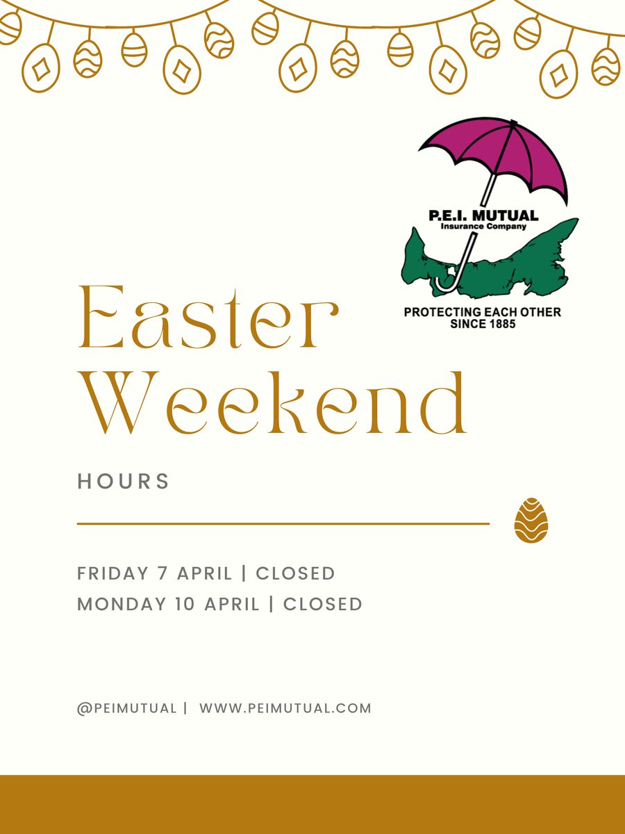 PEI Mutual Office will be closed on Friday, April 7th &amp; Monday, April 10th for Easter.

We wish you a Happy Easter! 🐣

#Easter2023 #HolidayHours #PEI #EasterBunny