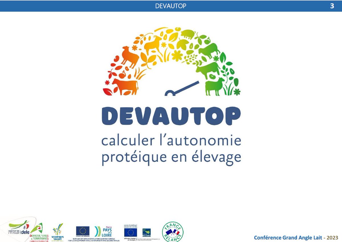 InstitutElevage's tweet photo. 🔴 #GALait | Présentation #Devautop
↪ Calculer l'autonomie #protéique des élevages 🌿
👉 Outil multifilières 🐖🐄🐑🐐
👉 Qualification de l’approvisionnement extérieur en MAT
👉 Connecté aux autres outils : autosysel, Cap2er, Devautop simulation
Avec notre collègue Lila Benadda https://t.co/IJTbyz79wv
