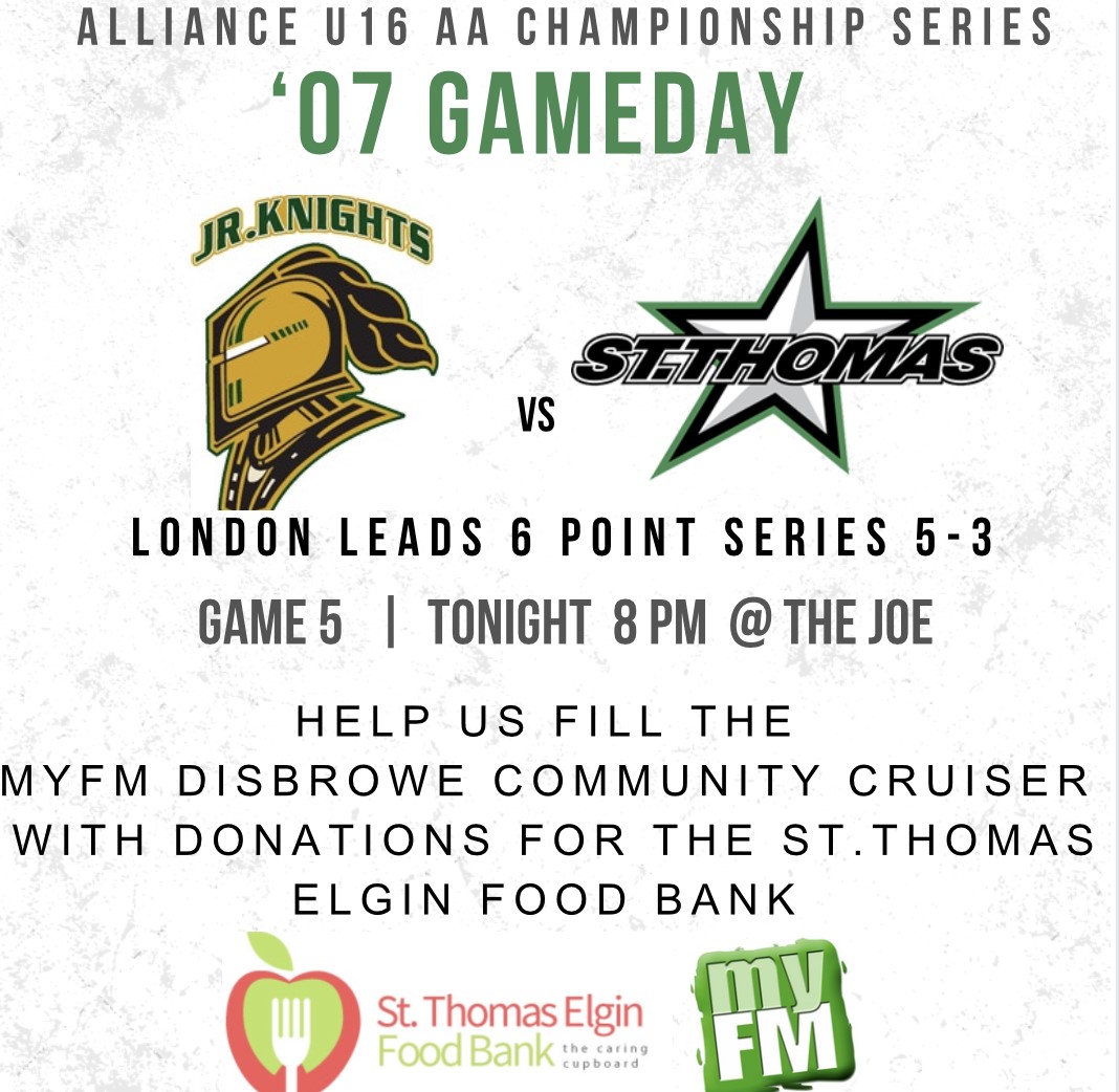 myFM_News941's tweet photo. The U16 St. Thomas Jr Stars continue their Alliance U16 AA Championship Series tonight.

They'll be hosting fill the myFM Disbrowe Community Cruiser night in support of the St. Thomas Elgin Food Bank. 

Puck drop is set for 8 p.m. at the Joe Thornton Community Centre. #GoStarsGo https://t.co/rZwA9yx268