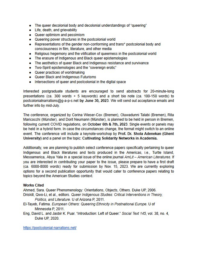 PoCoNarrations's tweet photo. We are happy to announce the 2023 Postcolonial Narrations Forum - Queering Postcolonial Worlds - will take place Oct. 6-7, 2023 @UniBremen! Check out the cfp here: https://t.co/asrvBk7a5g Looking forward to your submissions 🙂🙂🙂

#poconarrations23 #gaps #unibremen #unimuenster https://t.co/PsLani54ts