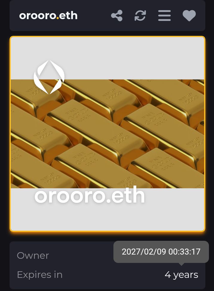 Going_eth's tweet photo. Orooro.eth (#SpanishENS) in translation, "goldgold" has been extended until 2027, for only 0.05 $eth
Palindrome #Web3 #ENS https://t.co/WyGVmhH81X
