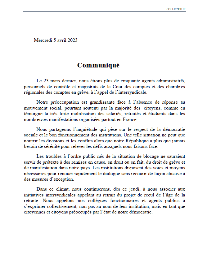 collectifJF's tweet photo. Ce jeudi 23 mars, nous étions plus de 50 agents administratifs, personnels de contrôle et magistrats de la Cour des comptes et des CRC en grève. Nous le serons aussi demain.
Dans ce contexte préoccupant, nous appelons nos collègues agents publics à s’exprimer collectivement. https://t.co/NMD42VRpMA