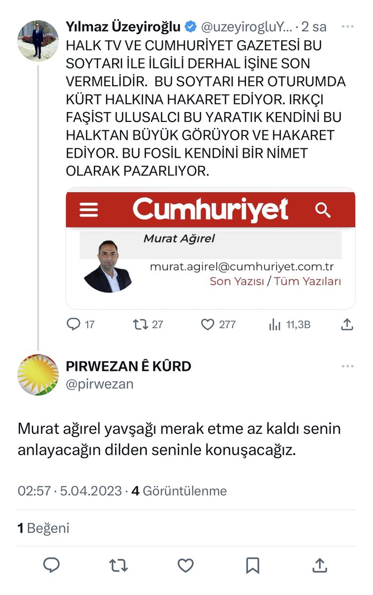 Bu kişi dünkü yayında Erkan Baş’a sorduğum bir soru sonrası beni hedef gösteriyor ve Cumhuriyet Gazetesine ,Halktv ye beni kovmaları için çağrı yapıyor .

Peki , ne söyledim ben ve bu kişi kim gelin madde madde anlatayım.👇