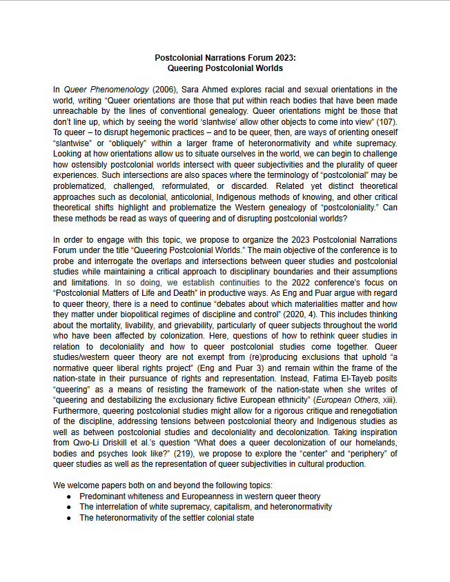 PoCoNarrations's tweet photo. We are happy to announce the 2023 Postcolonial Narrations Forum - Queering Postcolonial Worlds - will take place Oct. 6-7, 2023 @UniBremen! Check out the cfp here: https://t.co/asrvBk7a5g Looking forward to your submissions 🙂🙂🙂

#poconarrations23 #gaps #unibremen #unimuenster https://t.co/PsLani54ts