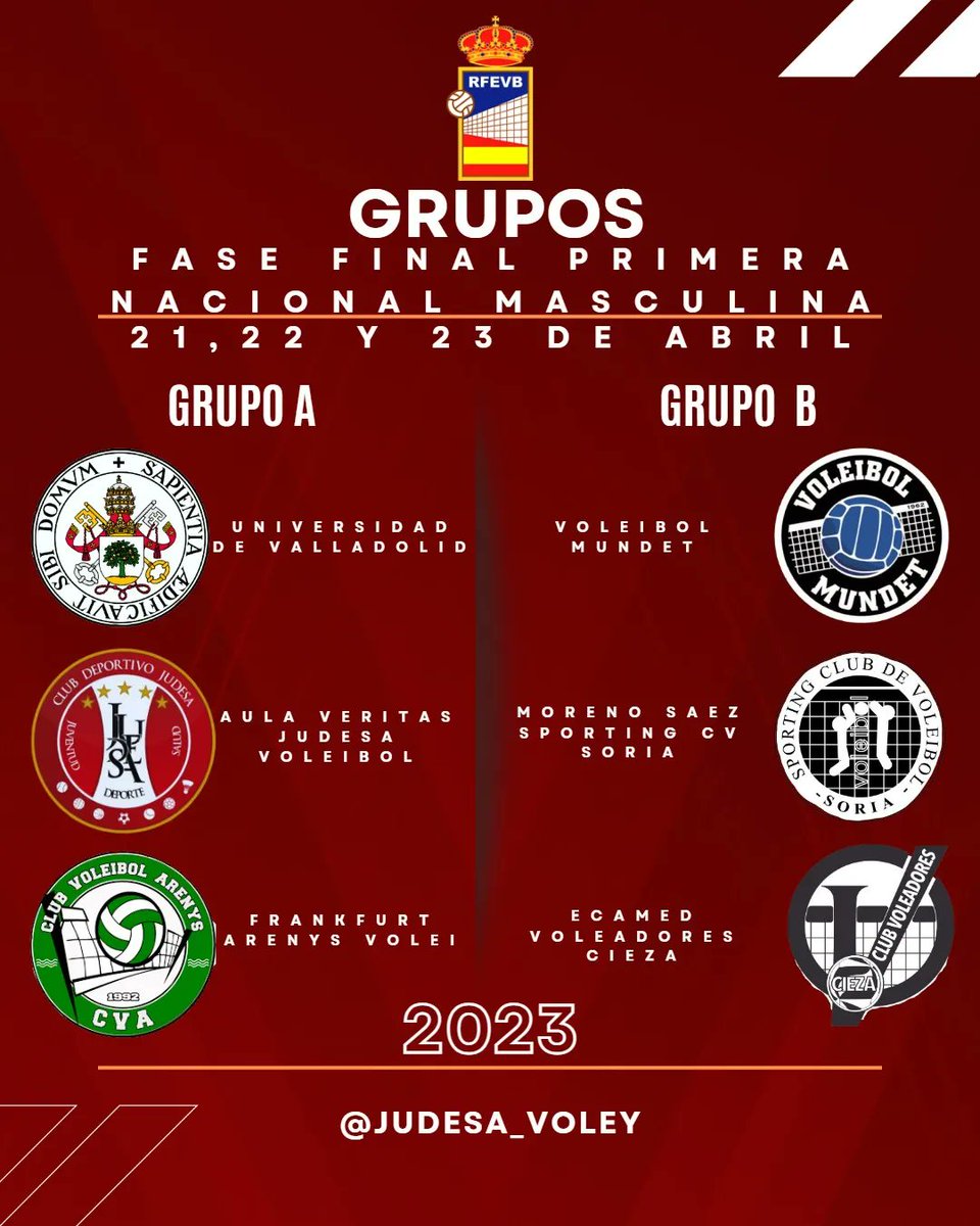JudesaVoley's tweet photo. Estos son los grupos de la #FaseFinalDePrimeraNacional para el 21, 22 y 23 de abril en 📍EL ROMERAL.
Grupo A Universidad de Valladolid,  Frankfurt Arenys volei y nuestro Judesa. 
Grupo B Voleibol Mundet, Moreno Sáez Sporting CV Soria y ecamed voladores Cieza. https://t.co/IDzYLAhZcF