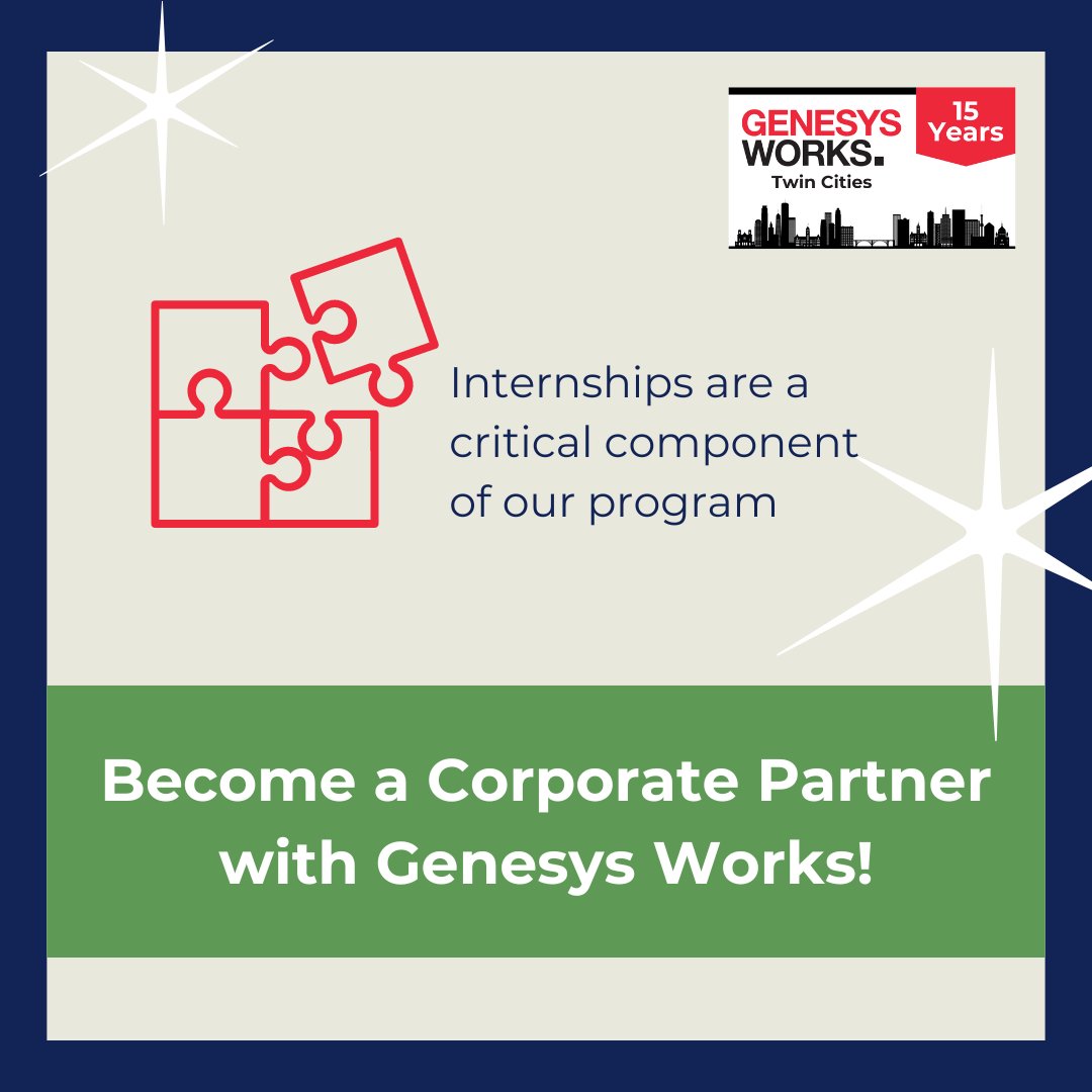 Genesys Works - TC (@genesysworkstc) on Twitter photo We're seeking company partners to host GW interns! Corporate partners play a critical role to provide meaningful paid work experiences for youth. Internships primary focus is IT, but we're open to other tracks.
To express interest, reach out at Development_TC@genesysworks.org. We're seeking company partners to host GW interns! Corporate partners play a critical role to provide meaningful paid work experiences for youth. Internships primary focus is IT, but we're open to other tracks.
To express interest, reach out at Development_TC@genesysworks.org.