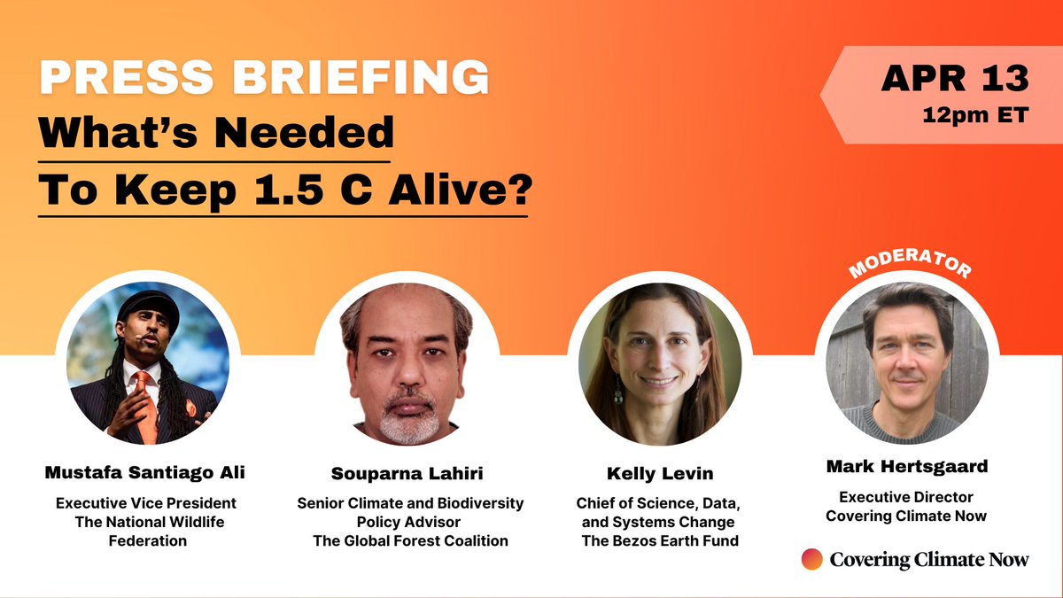Covering Climate Now (@coveringclimate) on Twitter photo 🧵Next week, we’re holding a press briefing about decarbonization. We’ll be joined by:
➡️<a href="/EJinAction/">Dr. Mustafa Santiago Ali 🤙🏾✊🏾</a>, Executive VP, <a href="/NWF/">National Wildlife Federation</a>
➡️Souparna Lahiri, Senior Climate & Biodiversity Policy Advisor, <a href="/GFC_forests/">Global Forest Coalition (GFC) (also on bluesky)</a>
➡️<a href="/Kelly_Levin_/">Kelly Levin</a>, Chief of Science, Data, and Systems Change, <a href="/BezosEarthFund/">Bezos Earth Fund</a> 🧵Next week, we’re holding a press briefing about decarbonization. We’ll be joined by:
➡️<a href="/EJinAction/">Dr. Mustafa Santiago Ali 🤙🏾✊🏾</a>, Executive VP, <a href="/NWF/">National Wildlife Federation</a>
➡️Souparna Lahiri, Senior Climate & Biodiversity Policy Advisor, <a href="/GFC_forests/">Global Forest Coalition (GFC) (also on bluesky)</a>
➡️<a href="/Kelly_Levin_/">Kelly Levin</a>, Chief of Science, Data, and Systems Change, <a href="/BezosEarthFund/">Bezos Earth Fund</a>