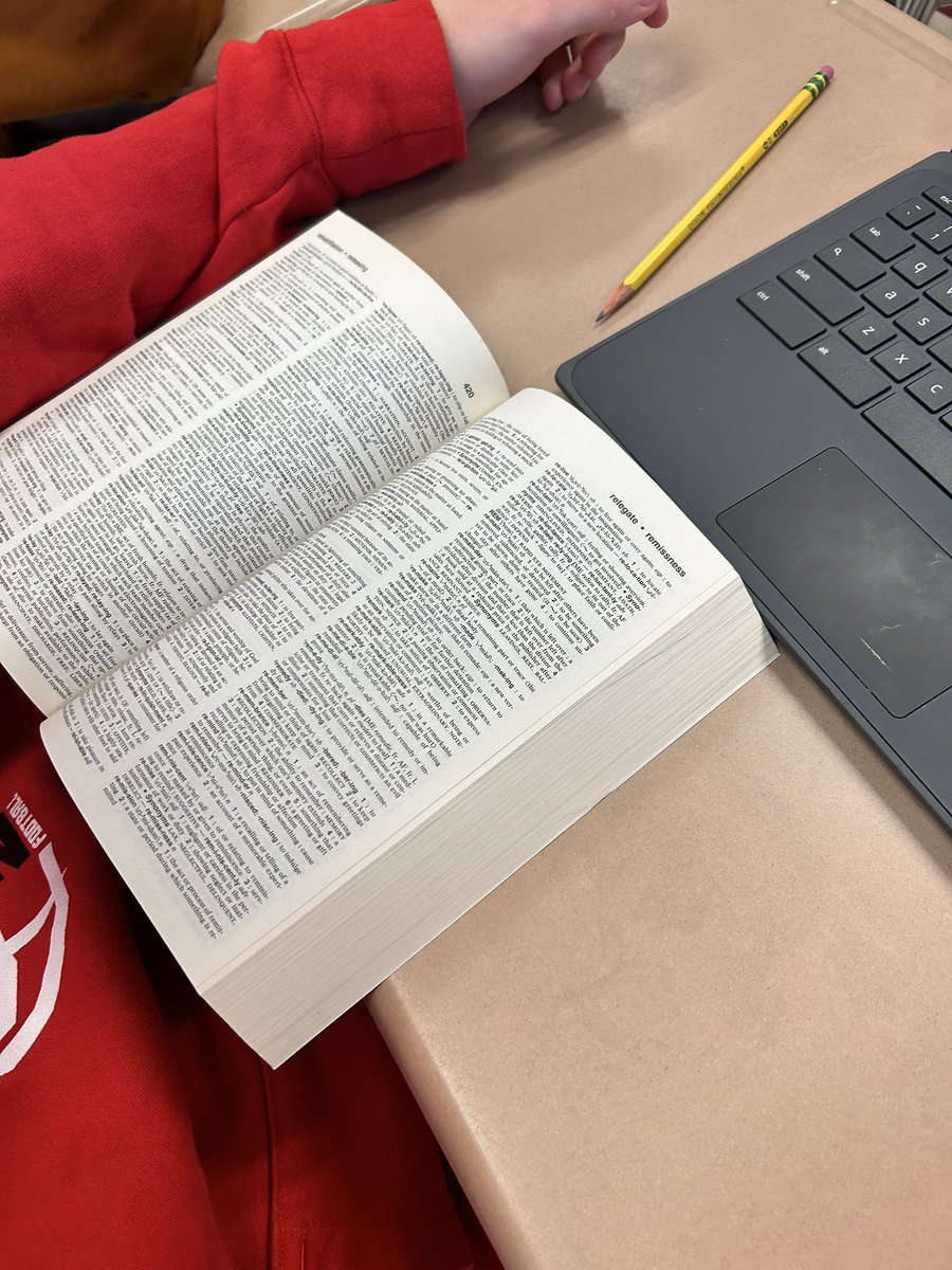 MrsAppelmann's tweet photo. Going old school today and using dictionaries! Engaging with a book matters, and it’s definitely more interactive than Ctrl+c from online. POV: Freshmen working in groups to define words before our higher-level reading about industrialization. https://t.co/PHBorsebhz