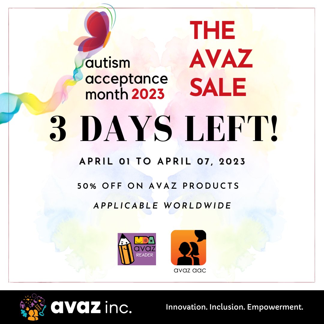 avazapp's tweet image. 3 days left to save BIG on Avaz products!

Grab Avaz AAC and MDA Avaz Reader at 50% off! - avazapp.com/blog/the-avaz-…

 #avazaac #avazapp #AutismAcceptanceMonth #sale