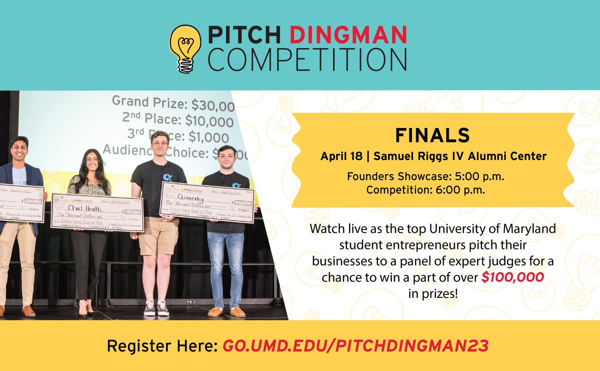 UMD_Dingman's tweet photo. Join the #DingmanCenter on April 18, at the Samuel Riggs IV Alumni Center for Pitch Dingman Competition 2023 Finals! Watch the top UMD student entrepreneurs and select USM entrepreneurs pitch for a chance to win over $100,000 in prizes.

👉Register now at https://t.co/eBVpQpZAiQ https://t.co/oQFLMUGYTk