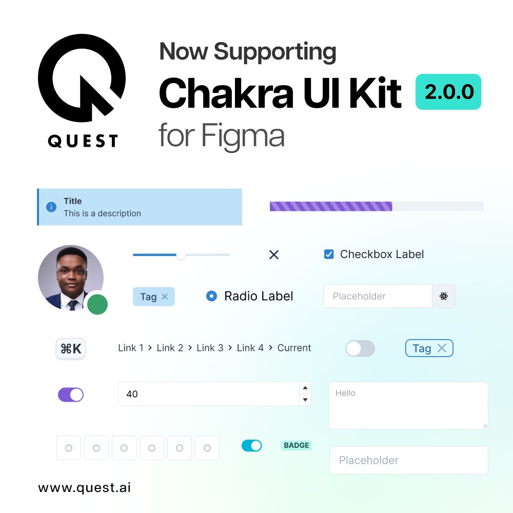 W/ the Quest plugin for Figma, you can export components from the Chakra UI Kit &amp; have them instantly become live working components. Add them to your custom designs and get everything exported as ReactJS

Free for 14 days quest.ai

#nocode #uiux #reactjs #chakraui
