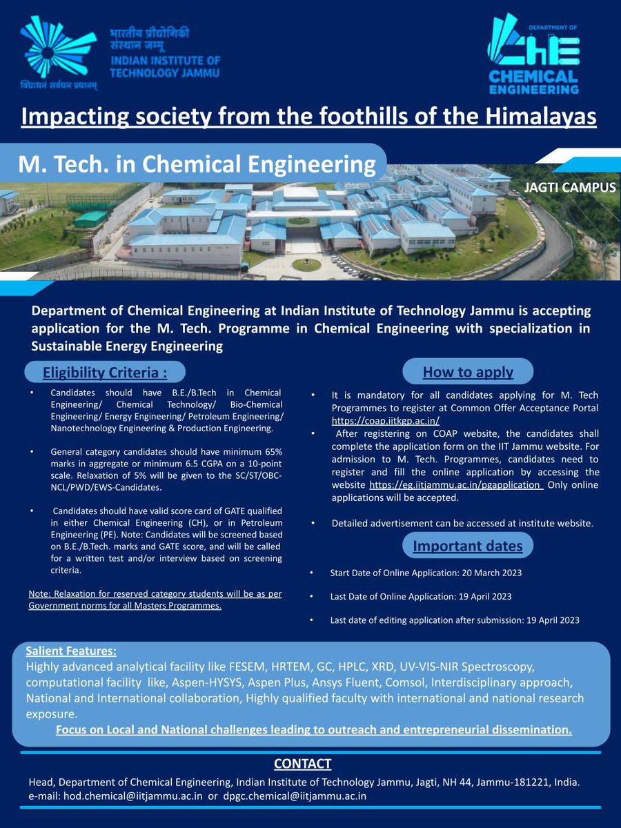 ChemEnggIITJMU's tweet photo. Department of Chemical Engineering at Indian Institute of Technology Jammu is accepting application for the M. Tech. Programme in Chemical Engineering with specialization in Sustainable Energy Engineering

#pgcourses # #chemicalengineering https://t.co/i0Ru3thNaD