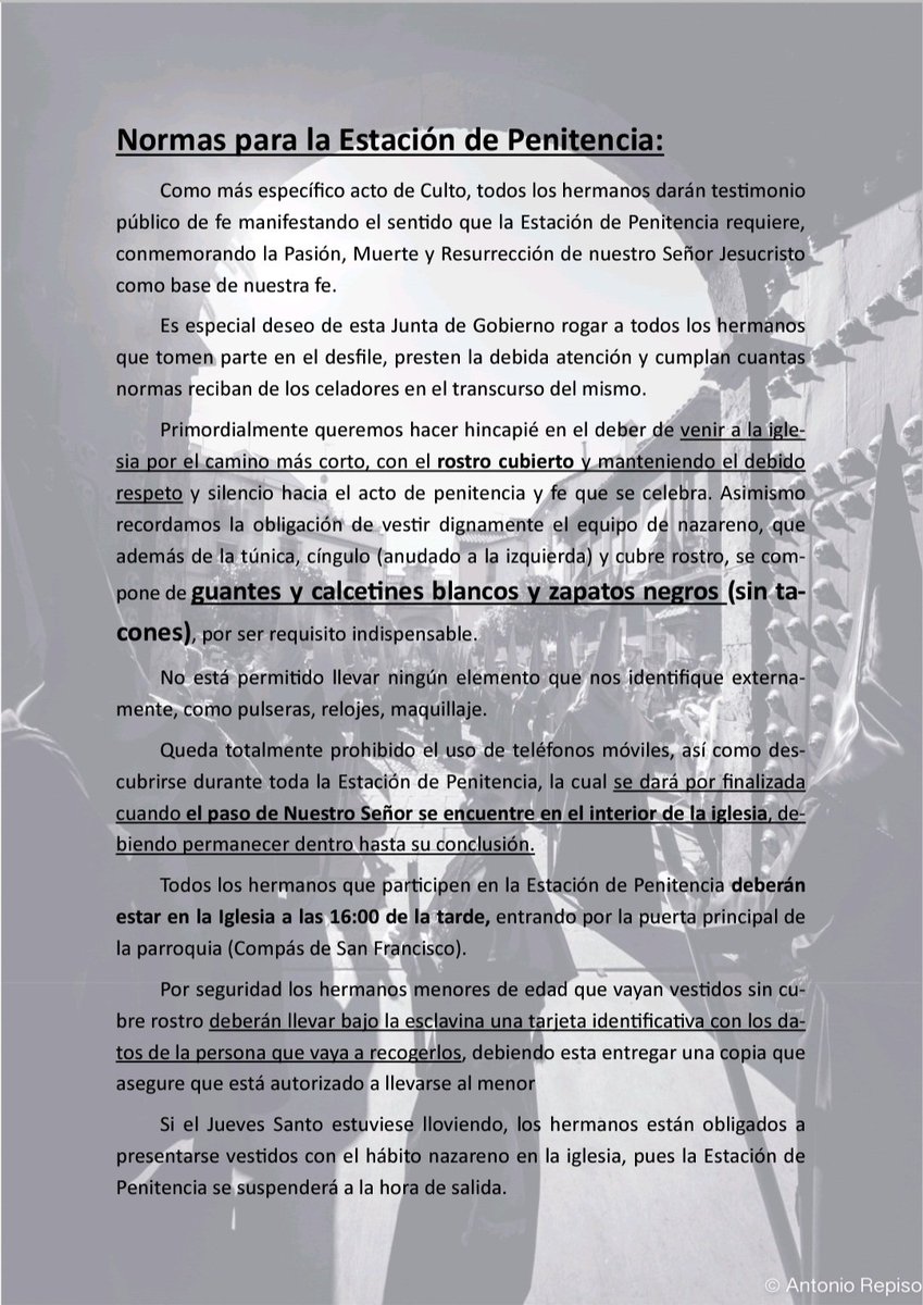 IMPORTANTE: Recordamos las normas para la participación en la estación de penitencia del Jueves Santo.

#juevessanto #juevesdecaridad #semanasantacordoba #semanasanta2023 #deuscharitasest