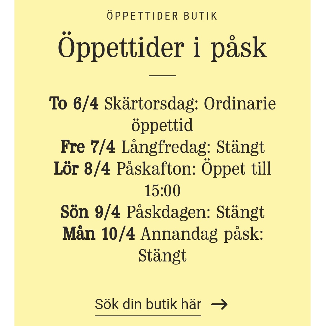 Imorgon (skärtorsdag) är Systembolaget öppettider som vanligt. På fredag är det stängt (eftersom det är röd dag). Påskafton är lördagsöppet till 15. Och måndag är det helt stängt (eftersom det är röd dag).