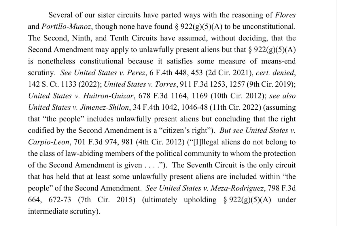 Prior to Bruen, the circuit had rejected a similar claim “in a four-sentence opinion,” saying the 2nd Am doesn’t extend to those unlawfully present. & it there cited favorably to similar 5th Cir precedent. As @pgdeep has written, there’s been a long split: papers.ssrn.com/sol3/papers.cf…
