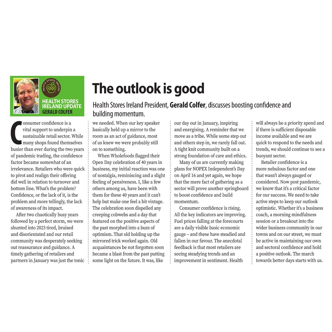 HFBmagazine's tweet photo. .@healthstores_ie President, Gerald Colfer, discusses boosting confidence and building momentum.
Read the full article in our April issue → turn to page 50.
#healthfoodbusiness #healthfoodretailing #independentretailing #healthfoodstores #organicmarket https://t.co/4uQfJC8M9g