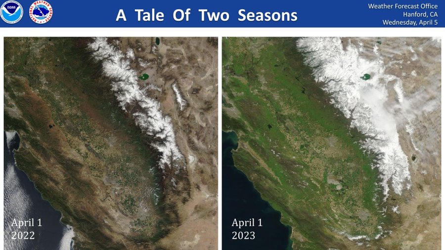 L'image compare l'image satellite de l'hiver sec de l'année dernière avec l'image satellite de la saison anormalement humide de cette année.