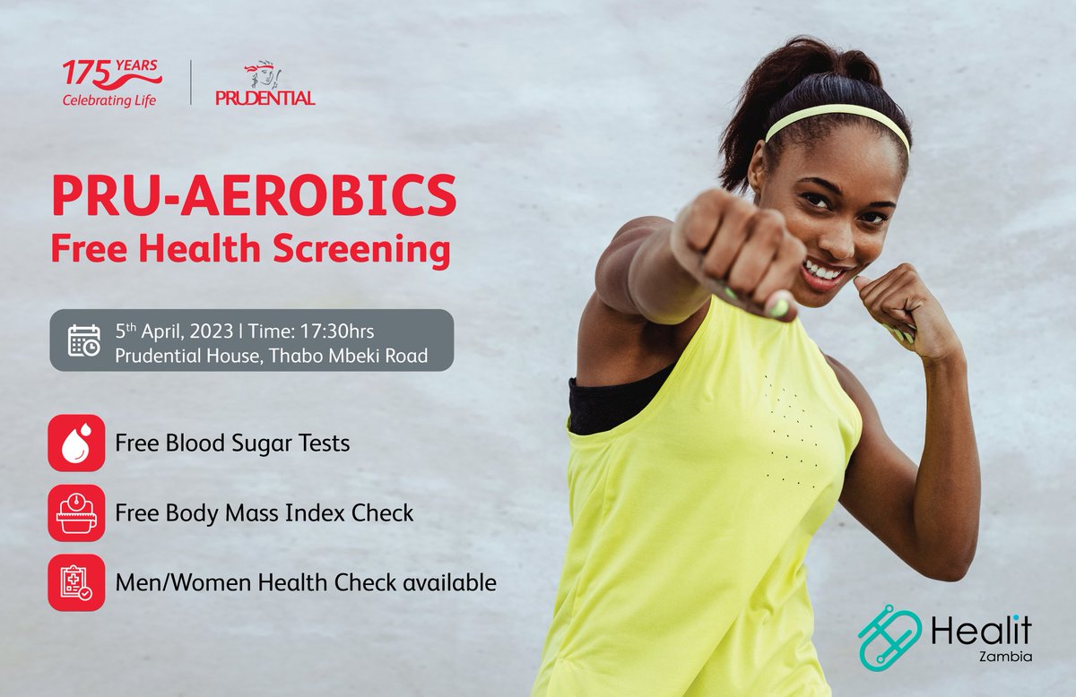 We have added a new dimension to our aerobics sessions, Free Health Checks! Stop by the @HealiTZambia booth, check your Body Mass Index, Blood Pressure & Sugar levels. Join us today at 17:30 Prudential Support Office, along Thabo Mbeki Road. Session is FREE!
#wedofitness #getfit