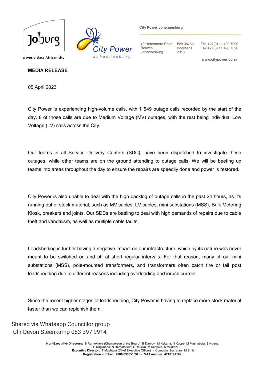 THEDEVCHEV's tweet image. ⚡ #CityPower
05 April 2023 - Cllr Devon Steenkamp 

Low on materials