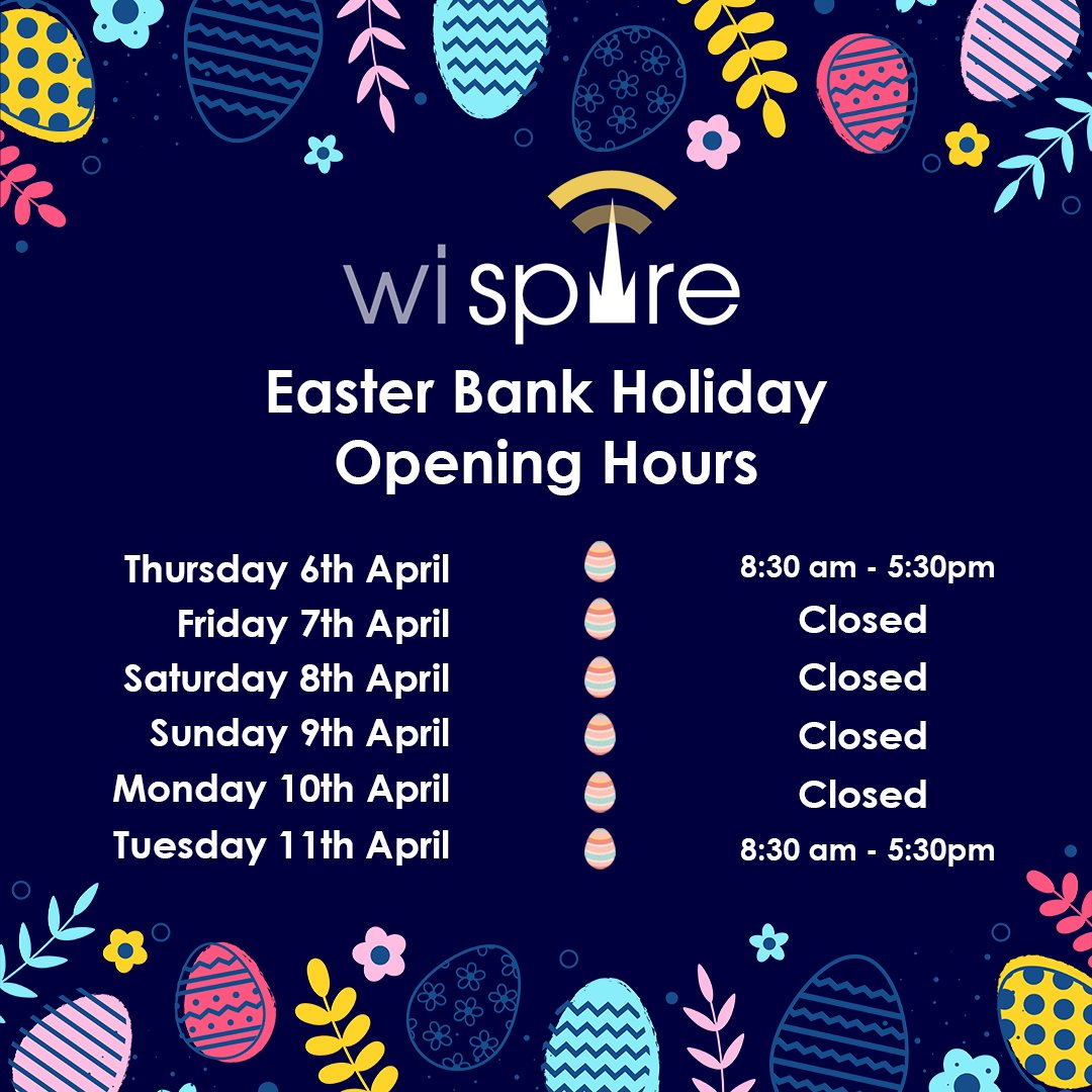 Happy Easter from the WiSpire!

We hope you have a lovely Easter weekend!

Here are our Easter Bank Holiday opening hours: