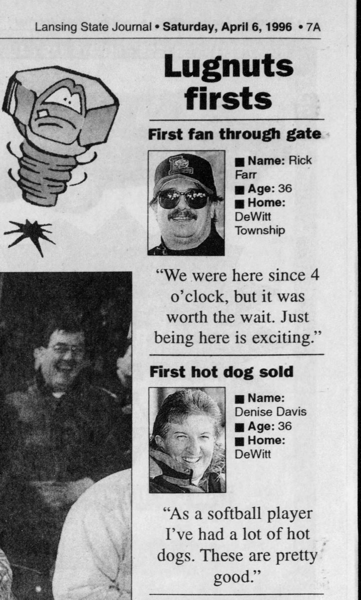 CADL_LocalHist's tweet photo. More Lugnuts inaugural game fun! Reported in the Lansing State Journal April 6, 1996. #localhistory https://t.co/phP8TWbasj